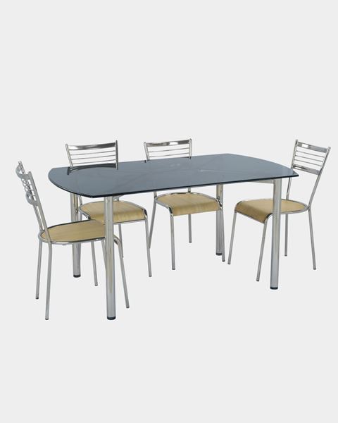 Picture of Laminated Glass Table and Stainless and Wooden Chairs