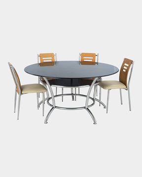 Picture of Round Glass Top Dining Table and 4 Back Wood Dining Chairs