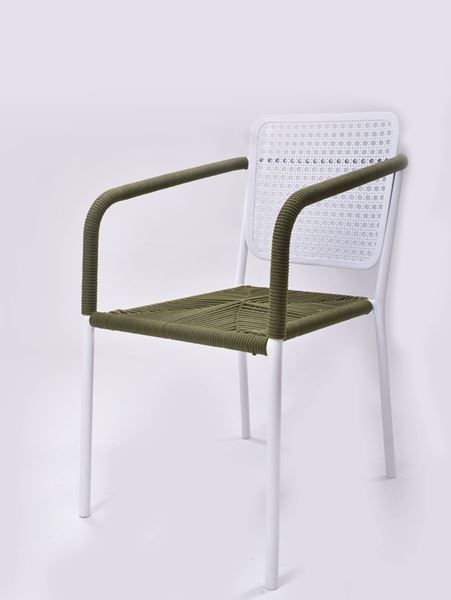 Picture of Outdoor Stacking Chair White Aluminum Frame with Green Rope Seat