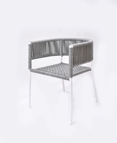 Picture of Outdoor Stacking Chair White Aluminum Frame with black and white Rope Seat & Back